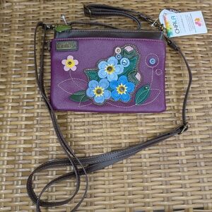 Chala Mini Faux Leather Purple Forget Me Not Crossbody Bag Clutch Wristlet NWT